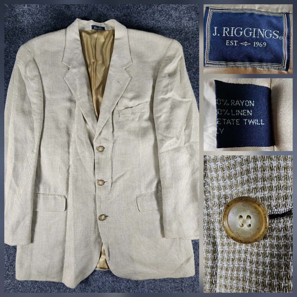 J. Riggings Linen Blend Sport Coat Blazer Men's 42R Beige-White‎ Houndstooth